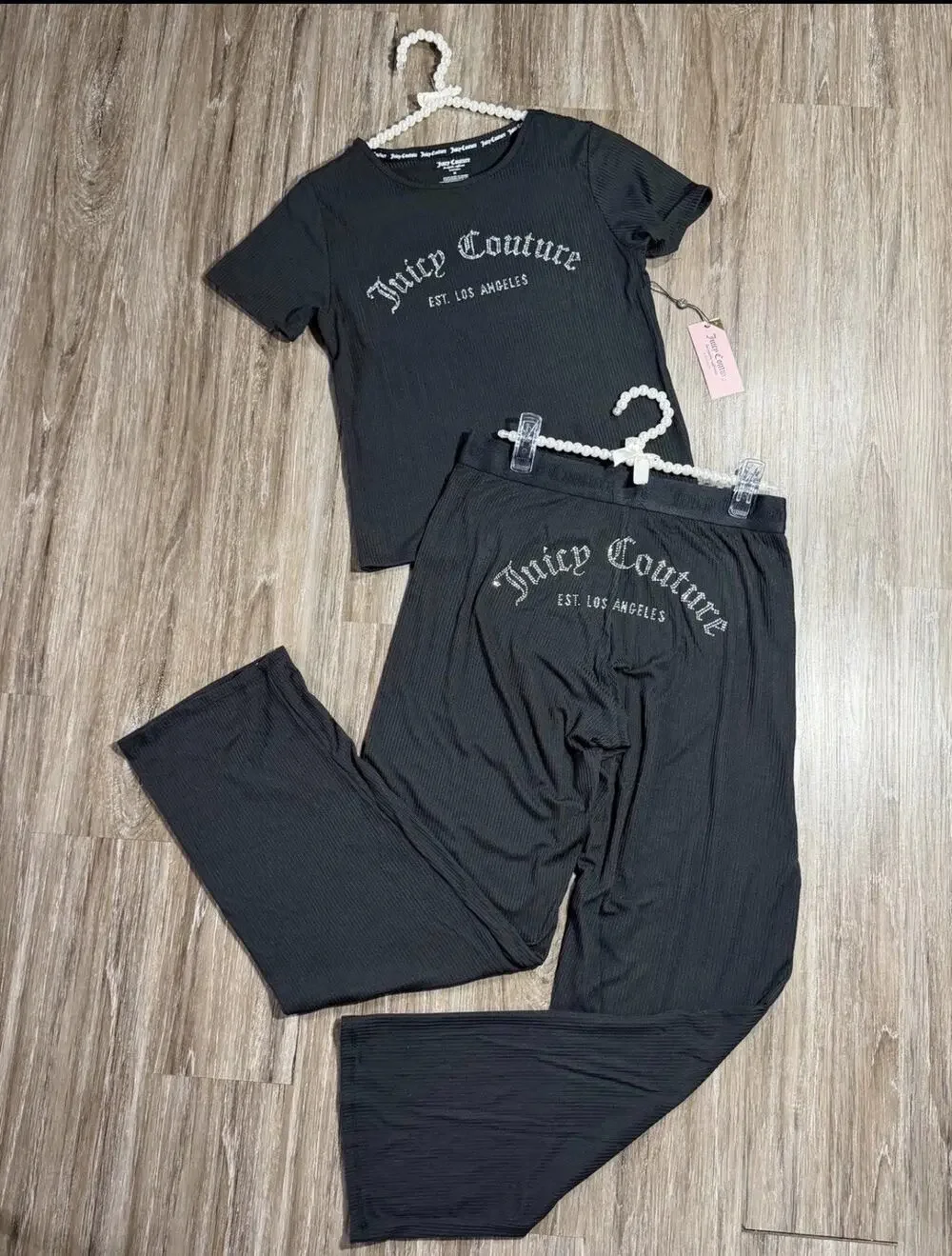 Juicy Couture NWT 2PC Short Sleeve Top & Long Pants Pajama Set, BLACK - MEDIUM
